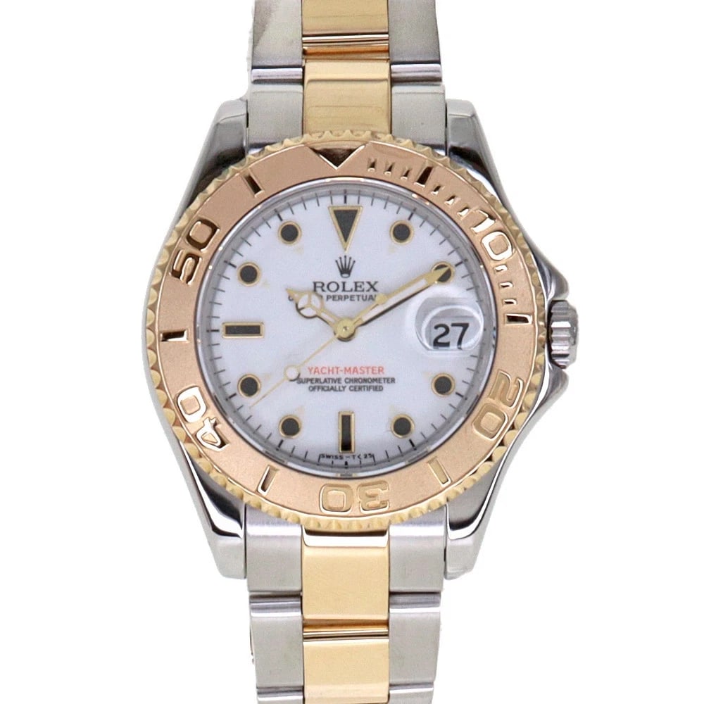 ROLEX YACHT MASTER WHITE WATCH: ROLEX Yacht Master White Watch Brand: ROLEX Type: N/A Material: Band Material Stainless Steel X 18K Gold, Case Material N/A Color: Band Color White Size: Band Size none, Case Size 35mm Accessorie
