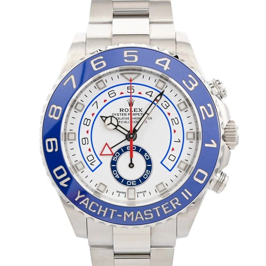 ROLEX YACHT MASTER WHITE WATCH: ROLEX Yacht Master White Watch Brand: ROLEX Type: N/A Material: Band Material Stainless Steel/Bracelet, Case Material N/A Color: Band Color White Size: Band Size none, Case Size 44mm Accessories: