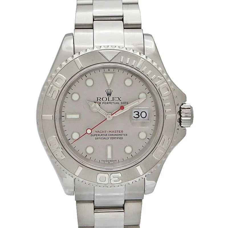 ROLEX YACHT MASTER ROLESIUM SILVERWATCH: ROLEX Yacht Master Rolesium SilverWatch Brand: ROLEX Type: N/A Material: Band Material Stainless Steel And Platinum Bezel, Case Material N/A Color: Band Color Silver Size: Band Size none, Case