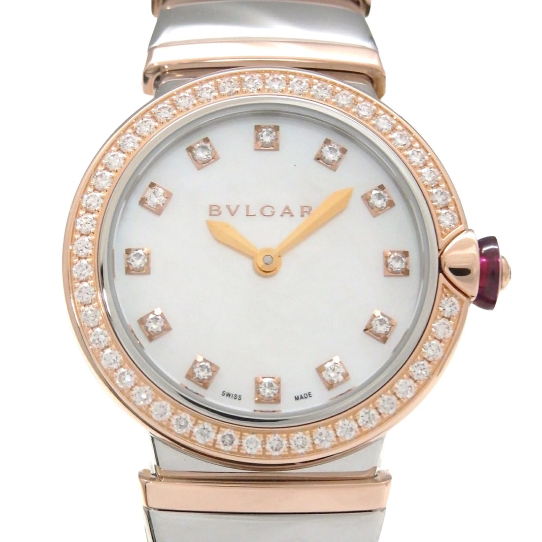 BULGARI LUCEA WATCH: BULGARI Lucea Watch Brand: BULGARI Type: N/A Material: Band Material K18Rg/Ss, Case Material N/A Color: Band Color N/A Size: Band Size none, Case Size 28mm Accessories: None Accessories No