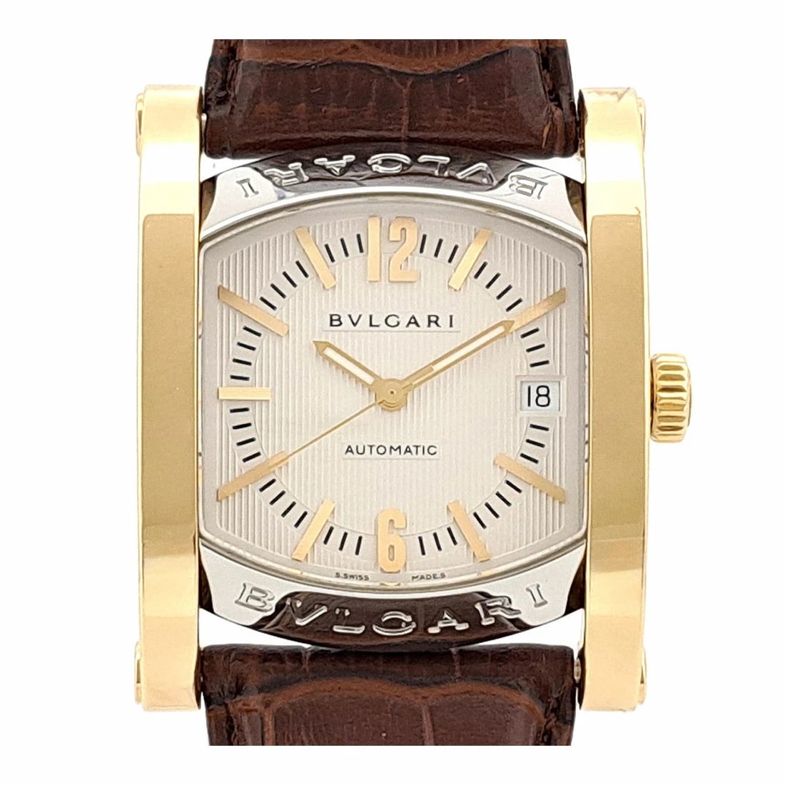 BVLGARI ASHOMA SILVER WATCH: BVLGARI Ashoma Silver Watch Brand: BVLGARI Type: N/A Material: Band Material Stainless Steel Yellow Gold, Case Material N/A Color: Band Color Silver Size: Band Size none, Case Size 34mm 