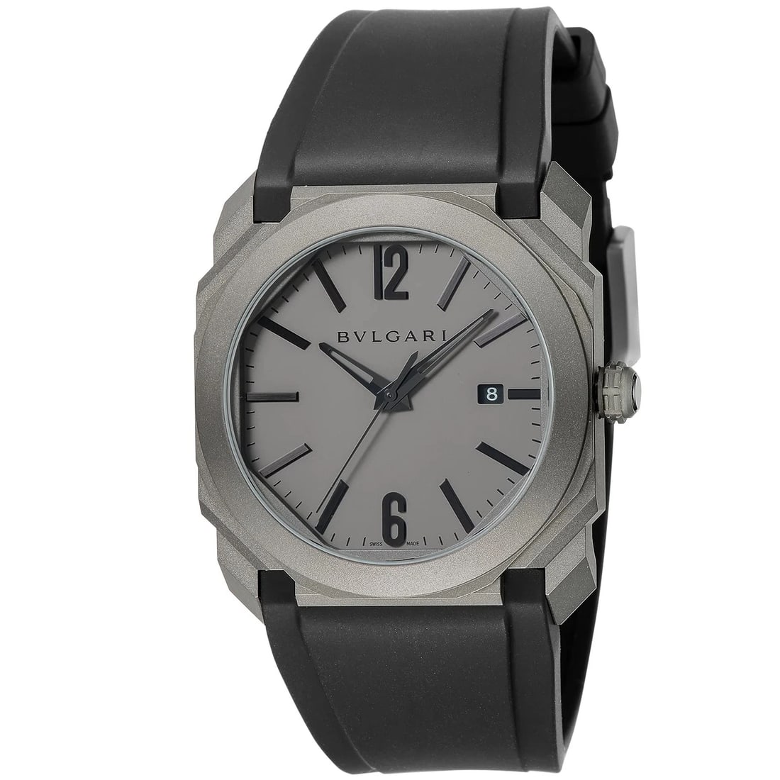 BVLGARI OCTO SILVER STAINLESS WATCH: BVLGARI Octo Silver Stainless Watch Brand: Bvlgari Type: Wristwatch Material: Band Material Rubber, Case Material Titanium Color: Band Color Band Color Black Dial Color Gray Case Color Gray 