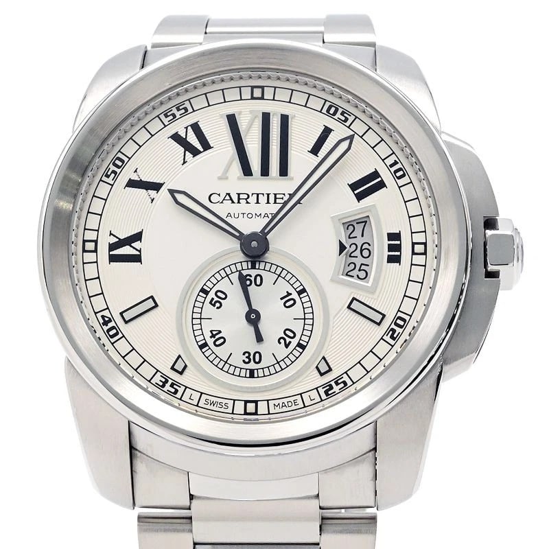 CARTIER CALIBRE SILVER WATCH: CARTIER Calibre Silver Watch Brand: CARTIER Type: N/A Material: Band Material Stainless Steel, Case Material N/A Color: Band Color Silver Size: Band Size none, Case Size 42mm Accessories: None