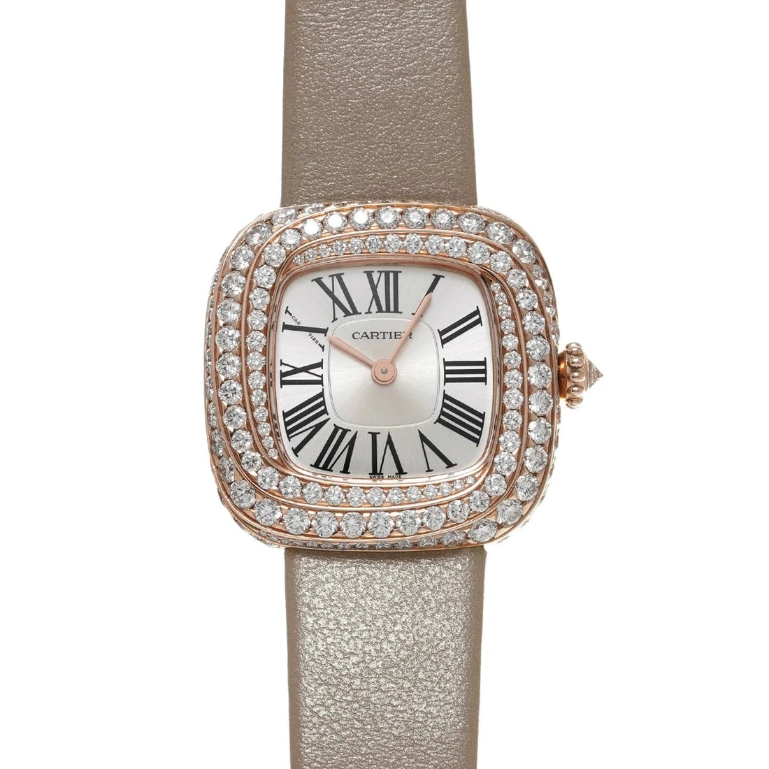 CARTIER COUSSIN SILVER WATCH: CARTIER Coussin Silver Watch Brand: CARTIER Type: N/A Material: Band Material Pink Gold, Case Material Sapphire Crystal Color: Band Color Silver Size: Band Size none, Case Size 27.7×27.1mm Acces
