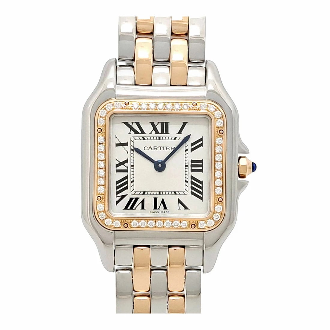 CARTIER PANTHÈRE DIAMOND BEZEL WATCH: CARTIER Panthère Diamond Bezel Watch Brand: CARTIER Type: N/A Material: Band Material Stainless Steel Pink Gold, Case Material N/A Color: Band Color Ivory Size: Band Size none, Case Size 27mm Ac