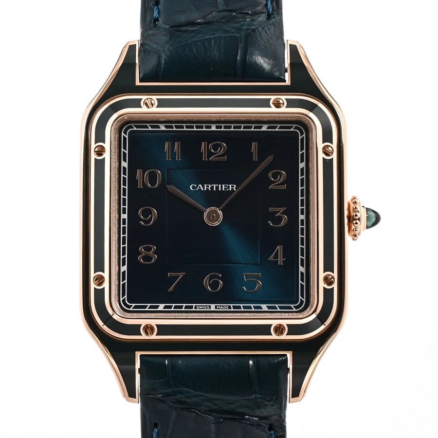 CARTIER SANTOS DUMONT LACQUER BLUE WATCH: CARTIER Santos Dumont Lacquer Blue Watch Brand: CARTIER Type: Wristwatch Material: Band Material Rose Gold/Leather Belt, Case Material NA Color: Band Color Blue Size: Band Size NA, Case Size 31.4m