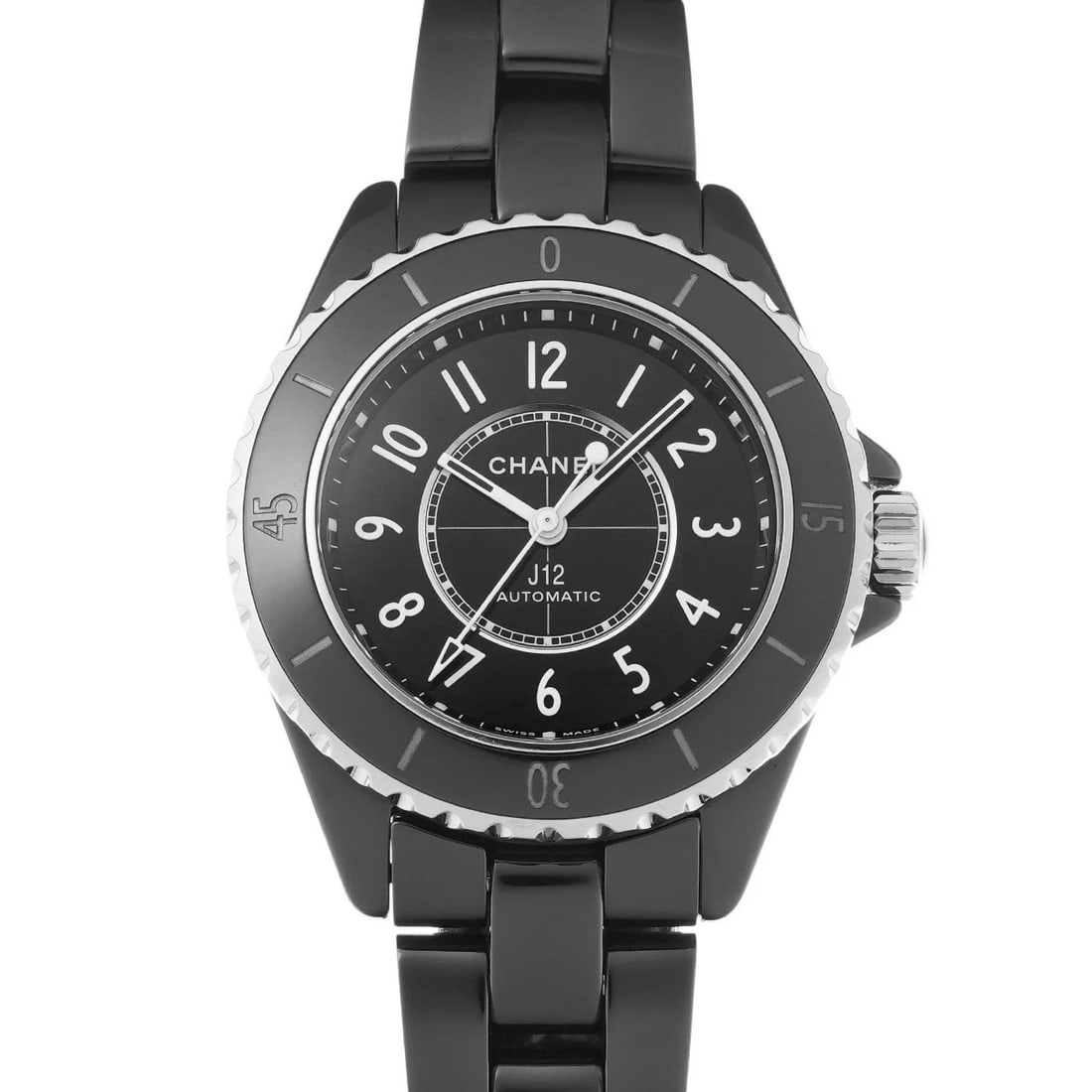 CHANEL J12 BLACK WATCH: CHANEL J12 Black Watch Brand: CHANEL Type: N/A Material: Band Material Ceramic, Case Material Sapphire Crystal Color: Band Color Black Size: Band Size 17.5cm, Case Size 33×33mm Accessories: