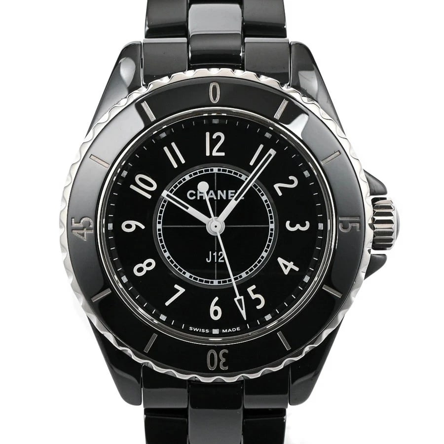 CHANEL J12 BLACK WATCH: CHANEL J12 Black Watch Brand: CHANEL Type: N/A Material: Band Material Ceramic/Bracelet, Case Material N/A Color: Band Color Black Size: Band Size none, Case Size 33mm Accessories: None