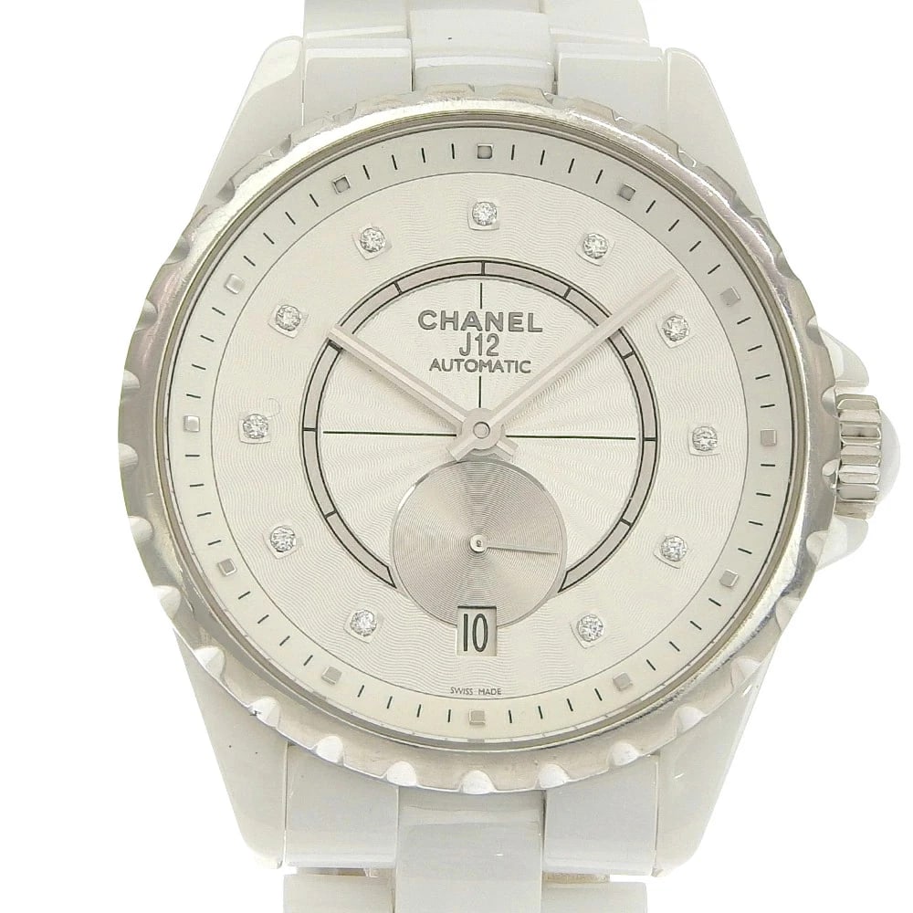 CHANEL J12 WHITE WATCH: CHANEL J12 White Watch Brand: CHANEL Type: N/A Material: Band Material White Ceramic/Diamond, Case Material N/A Color: Band Color White Size: Band Size none, Case Size 44mm x 39mm 