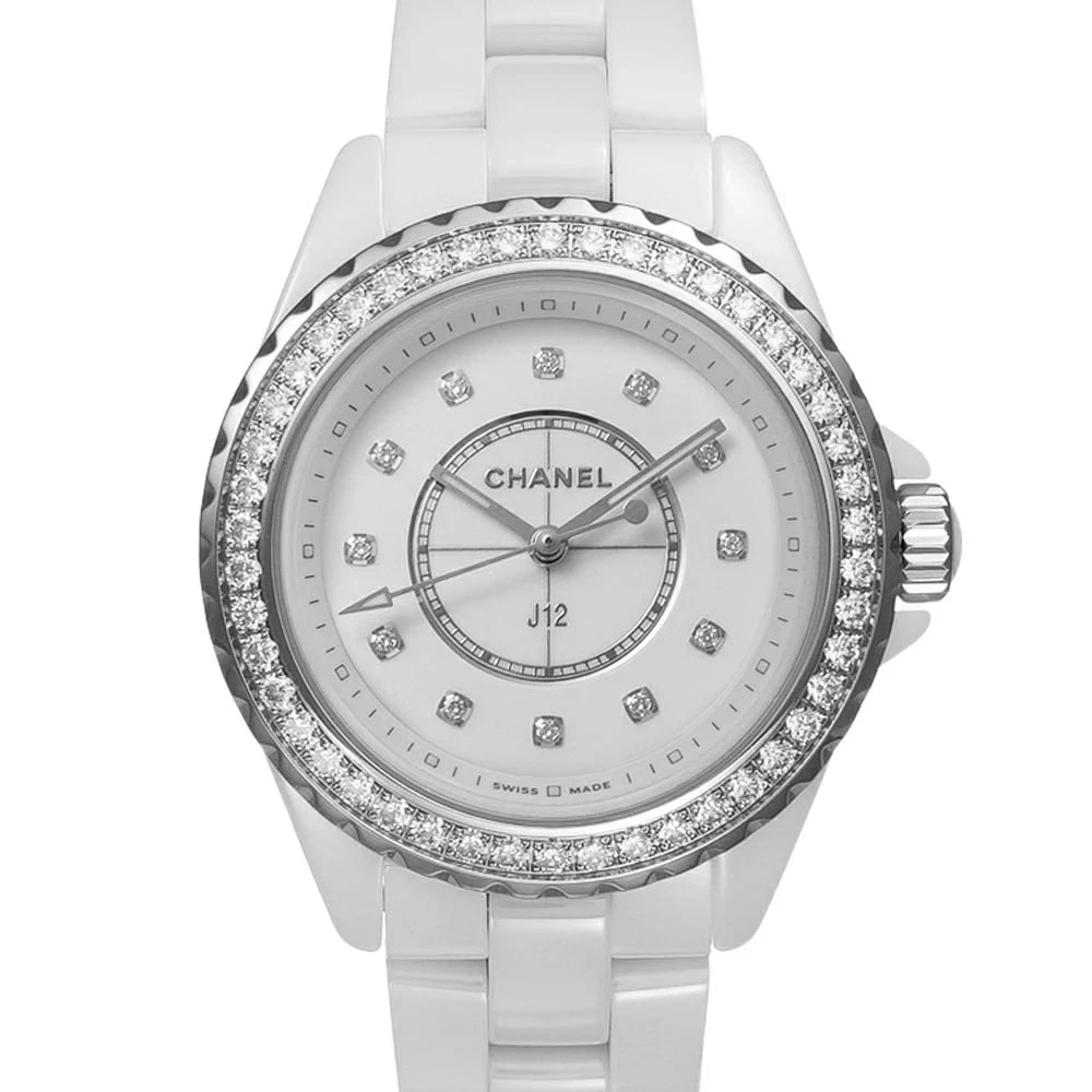 CHANEL J12 WHITE WATCH: CHANEL J12 White Watch Brand: CHANEL Type: N/A Material: Band Material Ceramic, Case Material N/A Color: Band Color White Size: Band Size N/A, Case Size 33mm x 33mm Accessories: None