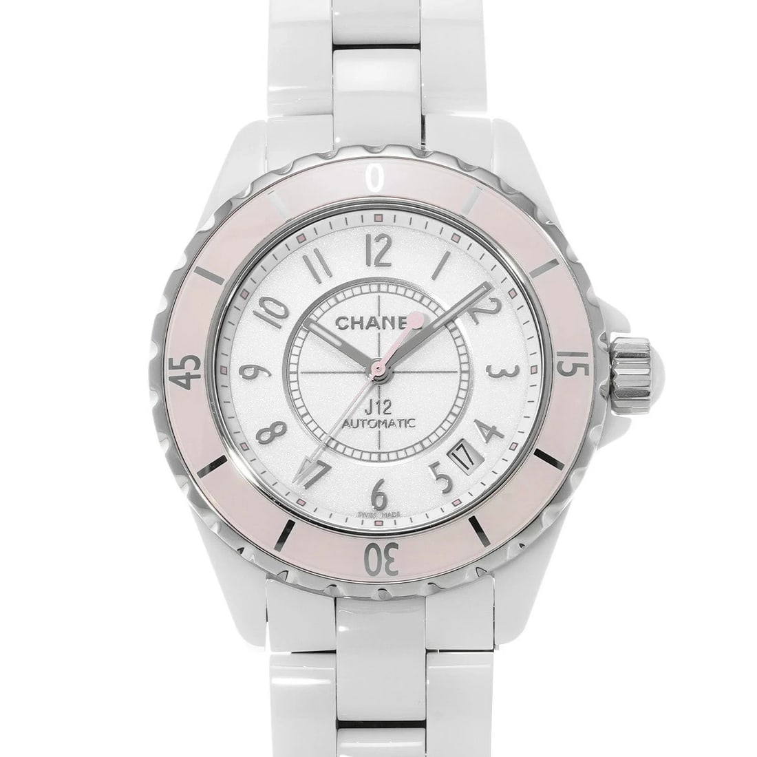 CHANEL J12 SOFT PINK WHITE WATCH: CHANEL J12 Soft Pink White Watch Brand: CHANEL Type: N/A Material: Band Material Ceramic, Case Material Sapphire Crystal Color: Band Color White Size: Band Size none, Case Size 38×38mm Accessori