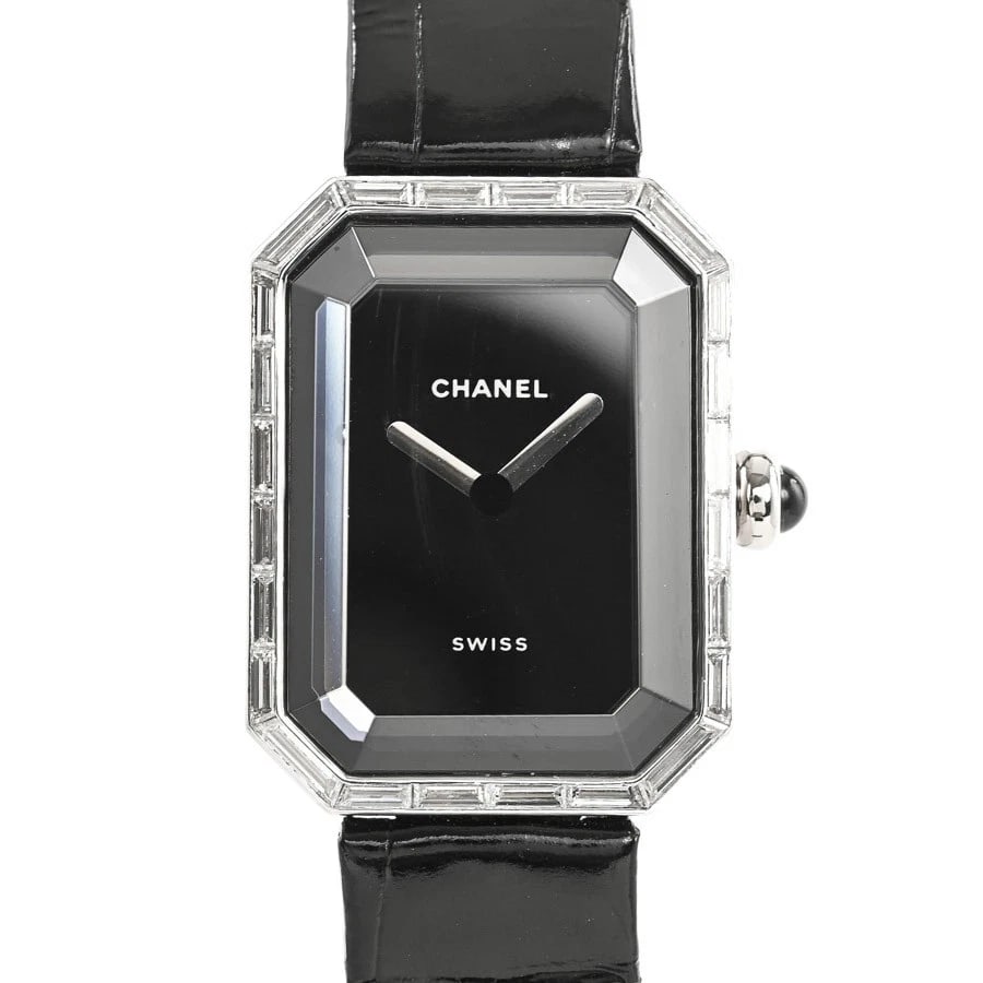 CHANEL PREMIERE BLACK WATCH: CHANEL Premiere Black Watch Brand: CHANEL Type: N/A Material: Band Material White Gold/Leather Strap, Case Material N/A Color: Band Color Black Size: Band Size none, Case Size 20.5mm (actual