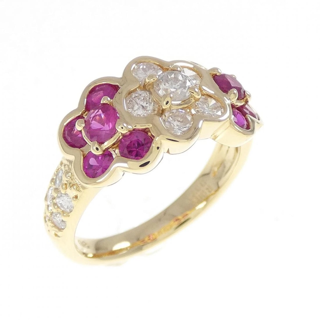 K18YG FLOWER RUBY RING: K18YG Flower Ruby Ring Brand: Unbranded Type: Ring Material: K18 Yellow Gold, Main Stone/Creation Natural Color: Yellow Gold Size: 6 ( US size) Accessories: None Accessories Notice: When p