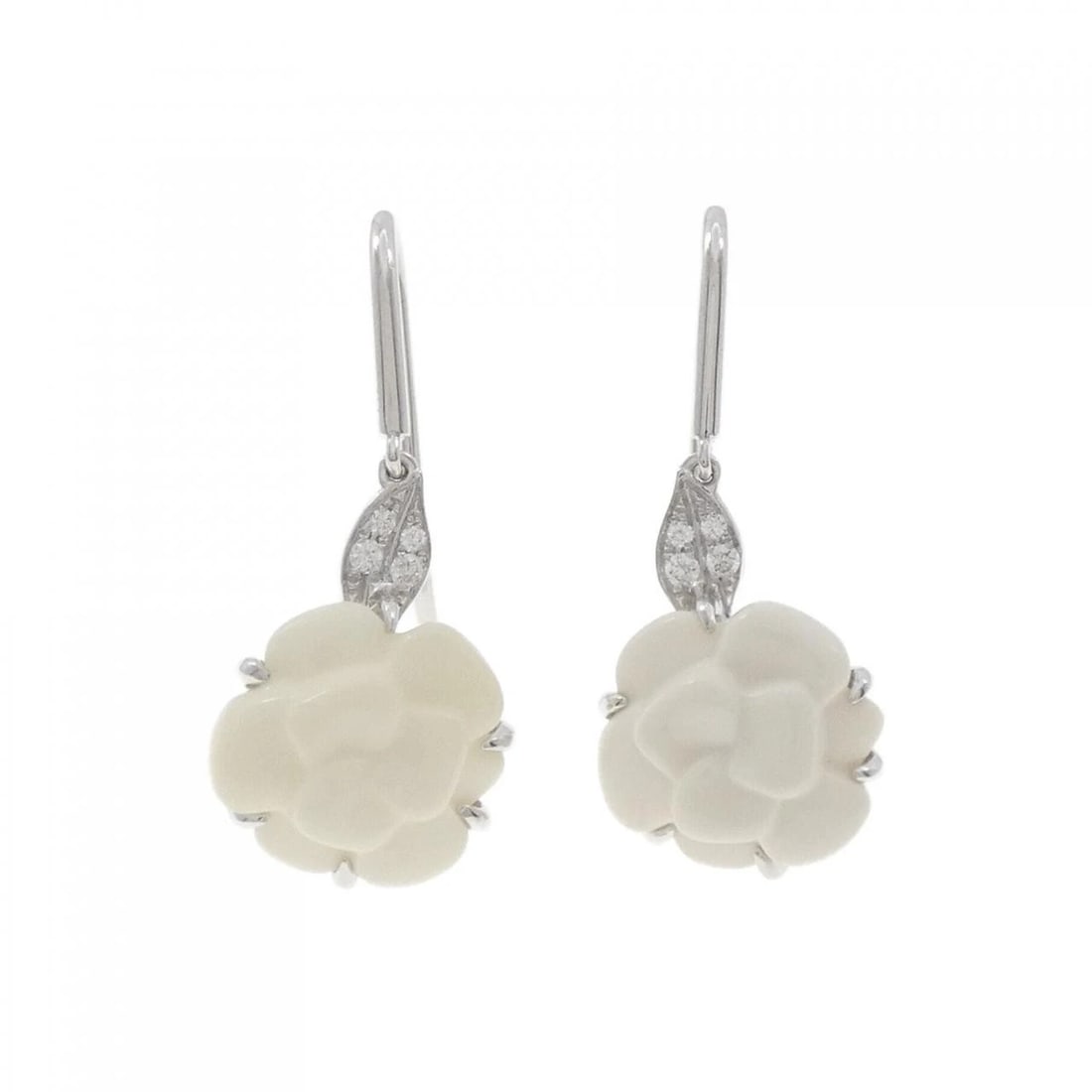 CHANEL CAMELIA EARRINGS: CHANEL Camelia Earrings Brand: CHANEL Type: Earrings Material: 750 White Gold, Main Stone/Creation Chalcedony Color: White Gold Size: ActualSize HxW: 18.3mmx12.2mm Accessories: None