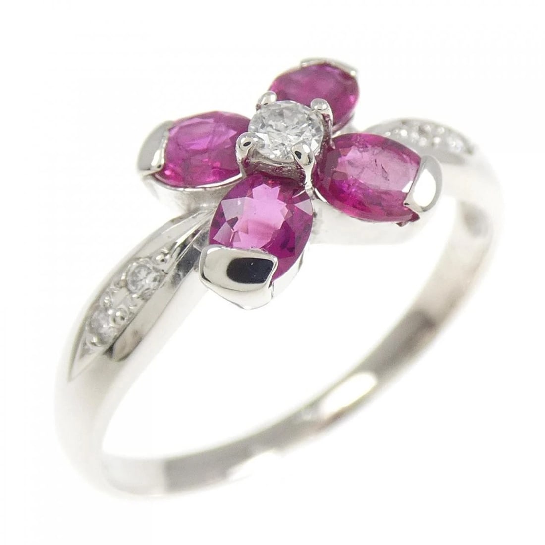 PT900 FLOWER RUBY RING: PT900 Flower Ruby Ring Brand: Unbranded Type: Ring Material: Platinum 900 Platinum, Main Stone/Creation Ruby Color: White Gold Size: 6.5-7 US Accessories: None Accessories Notice: When