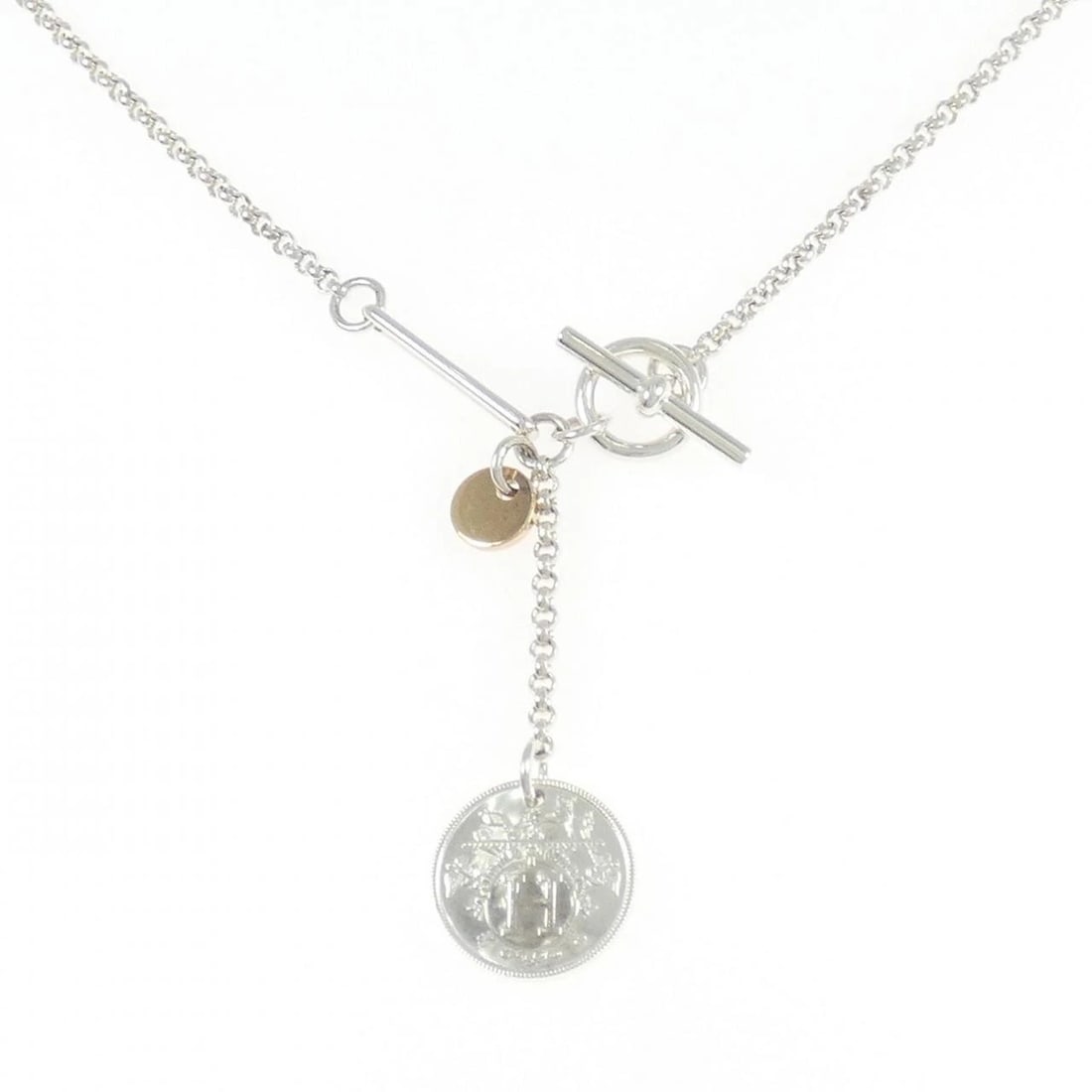 HERMES EX LIBRIS NECKLACE: HERMES Ex Libris Necklace Brand: HERMES Type: Necklace Material: 925 Silver 750 Pink Gold, Color: Silver Pink Gold Size: ActualSize Max W: 40.6mm Chain Max. W: 2.0mm Size41cm Accessories: