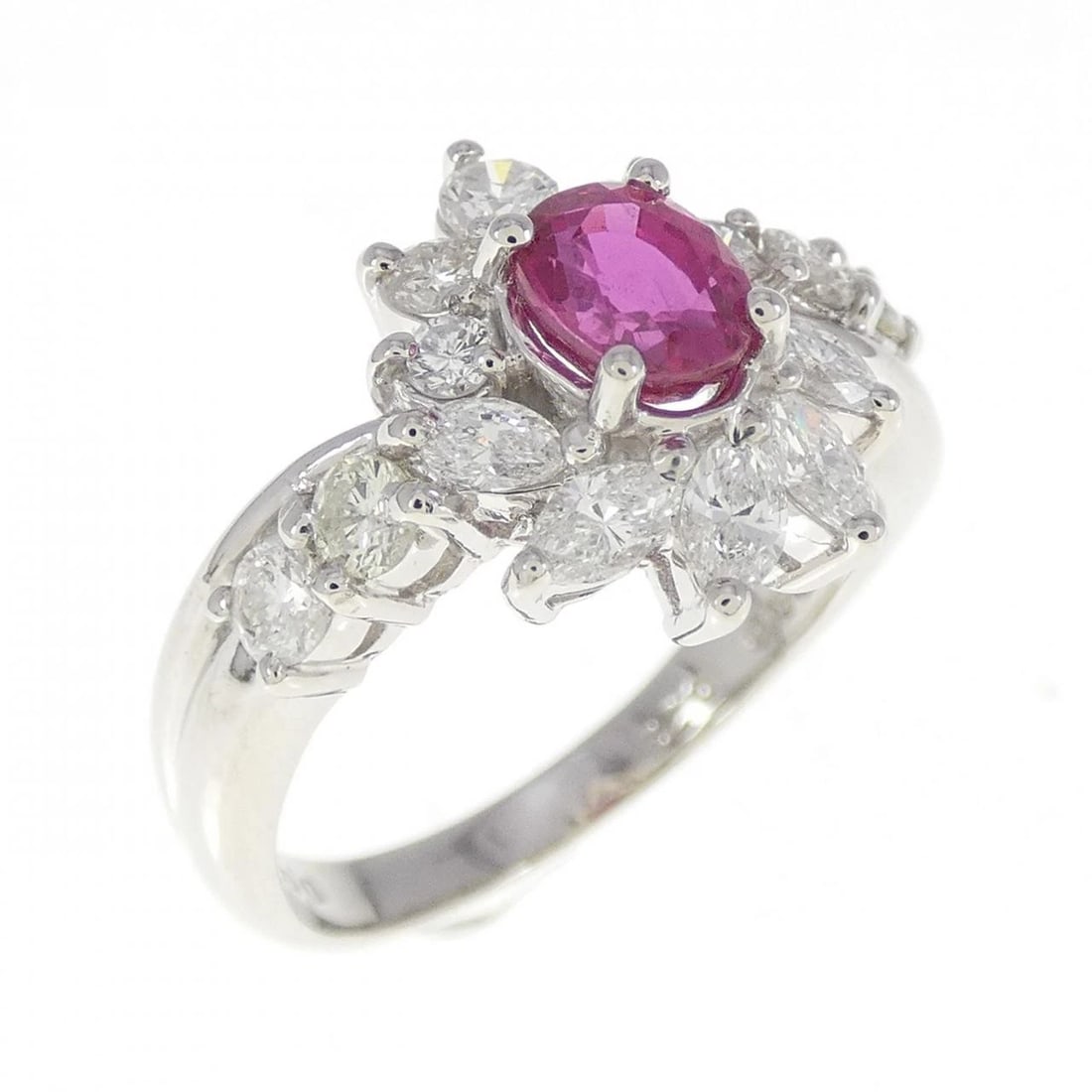 PT900 RUBY RING: PT900 Ruby Ring Brand: Unbranded Type: Ring Material: Platinum 900 Platinum, Main Stone/Creation RUBY Color: White Gold Size: 6 US Accessories: None Accessories Notice: When purchasing pre