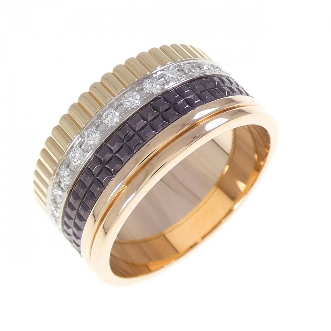BOUCHERON QUATRE LARGE RING: Boucheron Quatre large Ring Brand: Boucheron Type: Ring Material: 750 Yellow Gold 750 White Gold 750 Pink Gold PVD, Main Stone/Creation Natural Color: Multicolor Size: 11.5 US US Accessories: