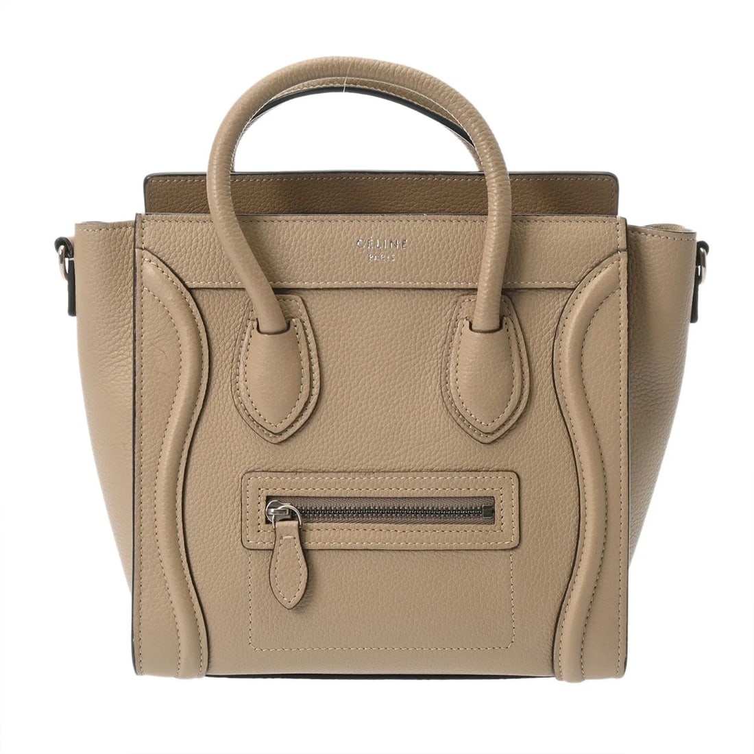 CELINE LUGGAGE NANO 2WAY DRUMMED CALF DUNE HANDBAG HANDBAG: CELINE Luggage Nano 2WAY Drummed calf Dune Handbag Handbag Brand: CELINE Type: Handbag Material: Drummed calf Color: Dune × SilverMetal Size: H:about 7.5inch W:about 7.9inch D:about 3.9inch Shoul
