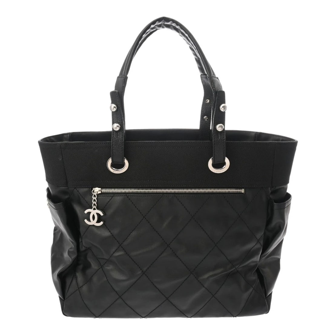 CHANEL PARIS BIARRITZ TOTE GM XCOATED CANVAS BLACK TOTE BAG TOTE BAG: CHANEL Paris Biarritz Tote GM xCoated canvas black Tote Bag Tote Bag Brand: CHANEL Type: Tote Bag Material: Coated canvas Color: black × SilverMetal Size: H:about 12.4inch W:about 13.8inch