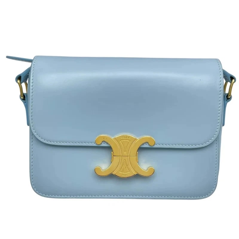 CELINE TEEN TRIOMPHE BAG ICE BLUE GHW SHINY CALFSKIN HANDBAG: CELINE Teen Triomphe Bag Ice Blue GHW Shiny Calfskin Handbag Brand: CELINE Type: Handbag Material: Shiny Calfskin Color: Ice Blue GD Hardware Size: W: 19cm / H: 14cm / D: 6cm / Shoulder: 115cm