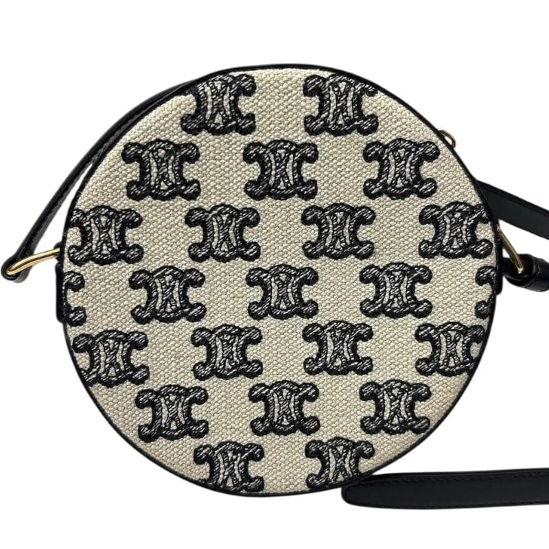 CELINE TRIOMPHE ROUND PURSE BLACK GHW CANVAS HANDBAG: CELINE Triomphe Round Purse Black GHW Canvas Handbag Brand: CELINE Type: Handbag Material: Campus Color: Black GD Hardware Size: W: 14cm / H: 14cm / D: 3.5cm / Shoulder: 103~117cm Accessories: No