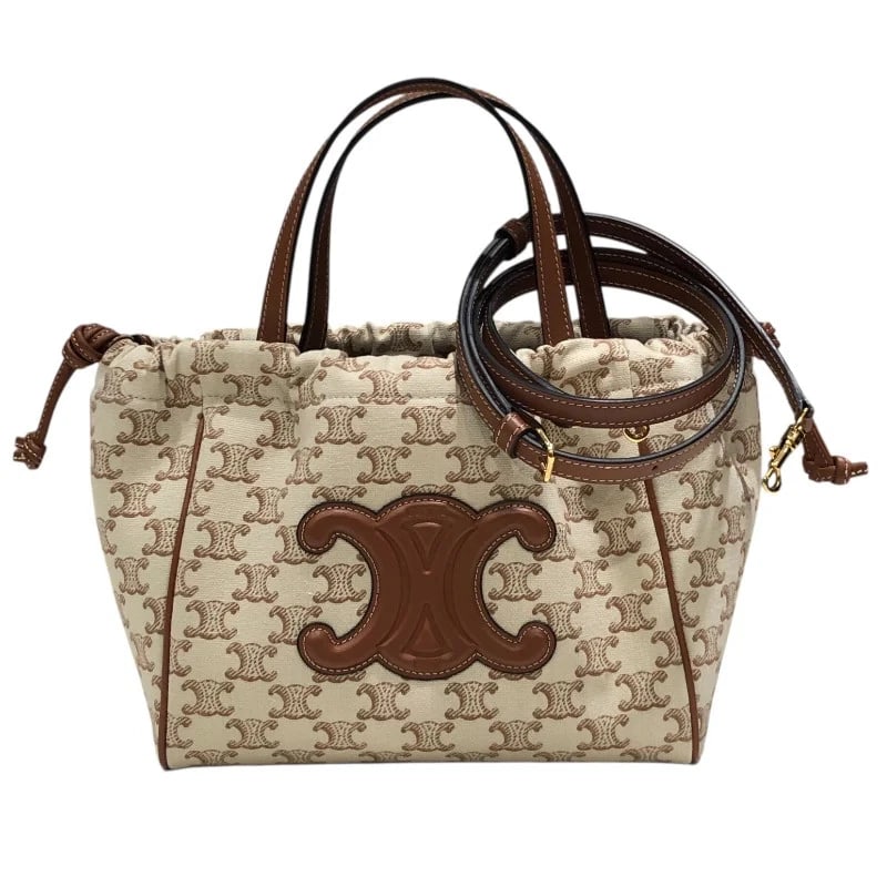 CELINE SMALL CABAS DRAWSTRING BAG WHITE & TAN TEXTILE HANDBAG (1 of 12)