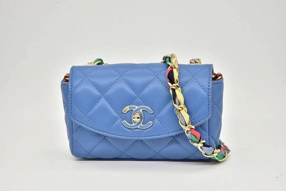 CHANEL MINI MATELASSÉ CHAIN LAMBSKIN BLUE MULTICOLOR HANDBAG: Chanel Mini Matelassé Chain Lambskin Blue Multicolor Handbag Brand: Chanel Type: Handbag Material: Lambskin Color: Blue Gold Hardware Size: W16xH10xD5.5cm / Shoulder: 115cm Accessories: None <