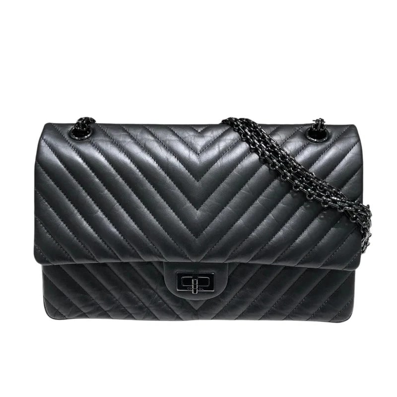CHANEL 2.55V STITCH FLAP BAG BLACK WITH BLACK HARDWARE CALF HANDBAG (1 of 7)