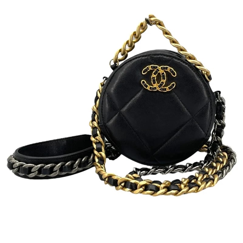 CHANEL 19 ROUND CHAIN SHOULDER BLACK GD SHW LAMBSKIN HANDBAG (1 of 10)