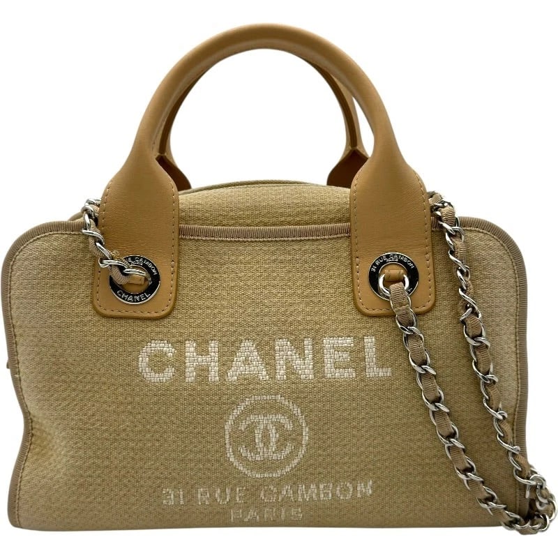 CHANEL DEAUVILLE BOWLING BAG BEIGE SHW CANVAS SHOULDER BAG HANDBAG: CHANEL Deauville Bowling Bag Beige SHW Canvas Shoulder Bag Handbag Brand: CHANEL Type: Handbag Material: Canvas Color: Beige/SV Hardware Size: W: 27cm / H: 16.5cm / D: 6cm Accessories: None