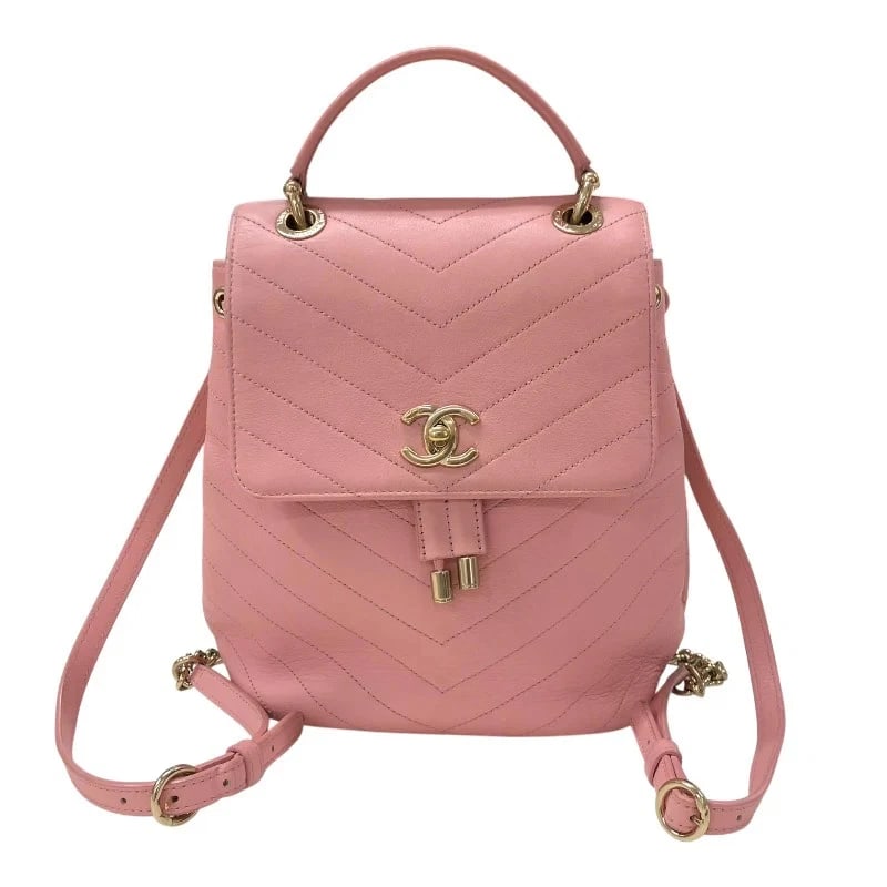 CHANEL V-STITCH BACKPACK PINK GHW CALF HANDBAG: CHANEL V-Stitch Backpack Pink GHW Calf Handbag Brand: CHANEL Type: Handbag Material: Calf Color: Pink/GD Hardware Size: W: 20cm / H: 25cm / D: 12cm Accessories: None Accessories Notice: Wh