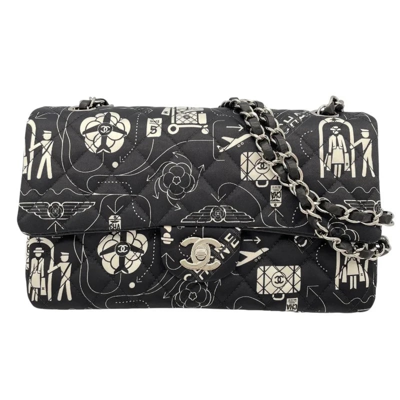 CHANEL MATELASSÉ 25 ICON PRINT BLACK SHW SATIN SHOULDER BAG HANDBAG: CHANEL Matelassé 25 Icon Print Black SHW Satin Shoulder Bag Handbag Brand: CHANEL Type: Handbag Material: Satin Color: Black SV Hardware Size: W: 25cm / H: 16cm / D: 6.5cm Accessories: None