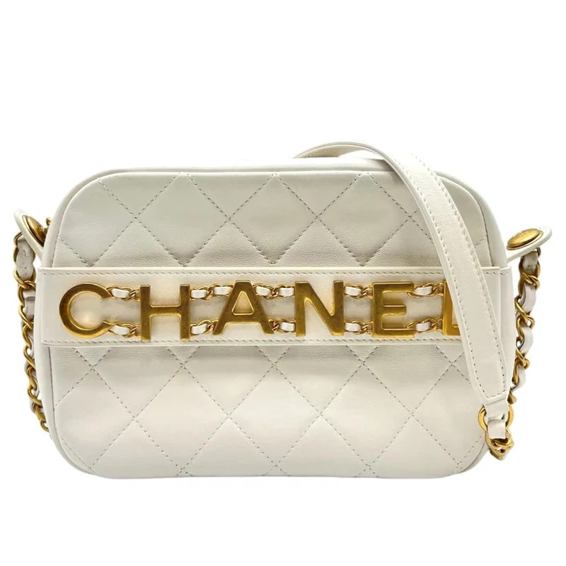 CHANEL MATELASSÉ LOGO CAMERA BAG WHITE GHW CALF LEATHER SHOULDER BAG HANDBAG (1 of 5)