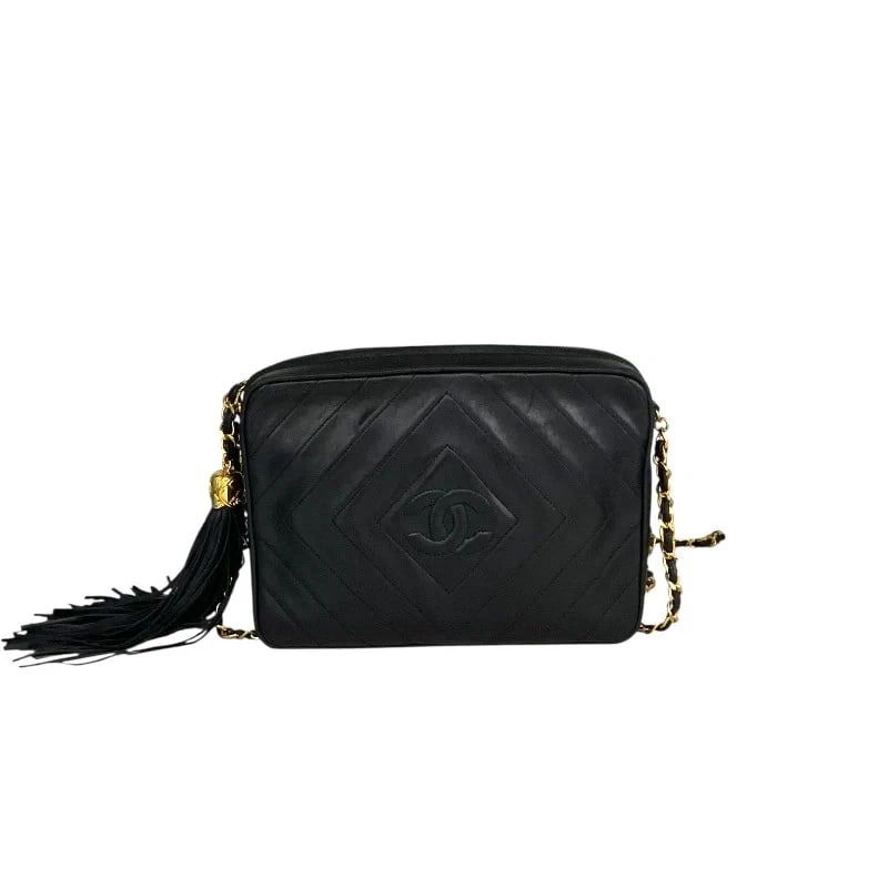 CHANEL COCO MARK FRINGE BLACK LAMBSKIN HANDBAG: CHANEL Coco Mark Fringe Black Lambskin Handbag Brand: CHANEL Type: Handbag Material: Lambskin Color: black Size: W: 22.5cm / H: 16.5cm / D: 6cm / Shoulder: 115cm Accessories: None Accessor