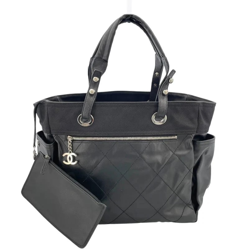 CHANEL PARIS BIARRITZ TOTE COATED CANVAS HANDBAG: CHANEL Paris Biarritz Tote Coated Canvas Handbag Brand: CHANEL Type: Handbag Material: Coding Canvas Color: Black SV Hardware Size: W: 35cm / H: 29cm / D: 15cm / Shoulder: 43cm Accessories: None
