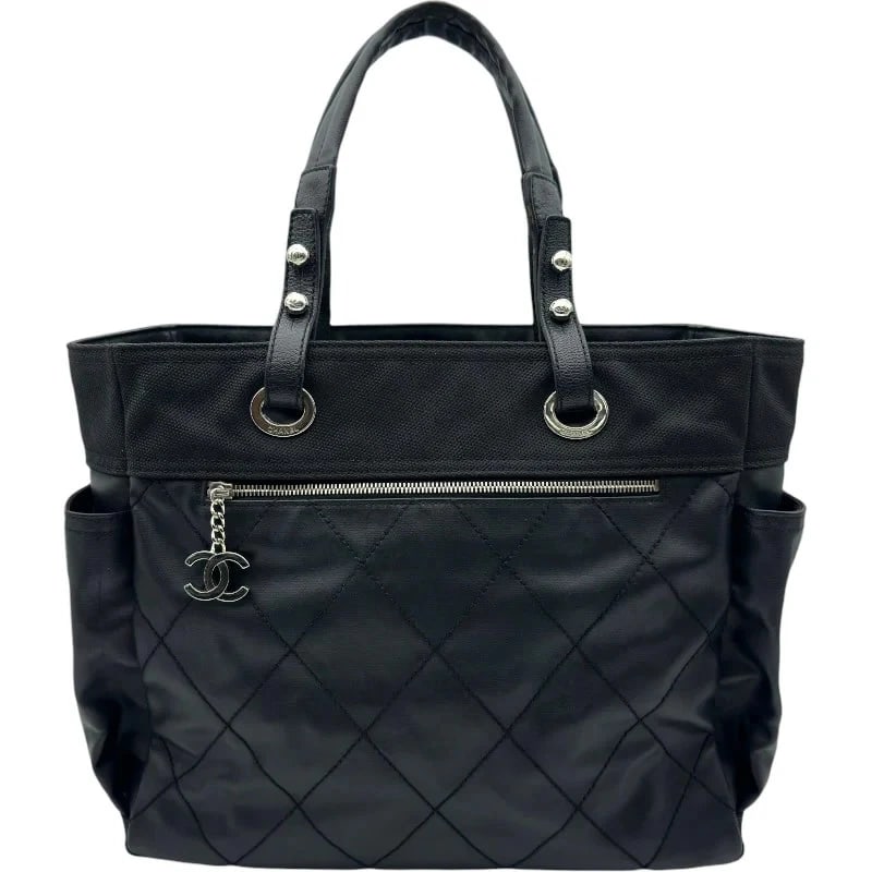 CHANEL PARIS BIARRITZ TOTE COATED CANVAS HANDBAG: CHANEL Paris Biarritz Tote Coated Canvas Handbag Brand: CHANEL Type: Handbag Material: Coated Canvas Color: Black SV Hardware Size: W: 38cm / H: 30cm / D: 15cm Accessories: None Accessorie