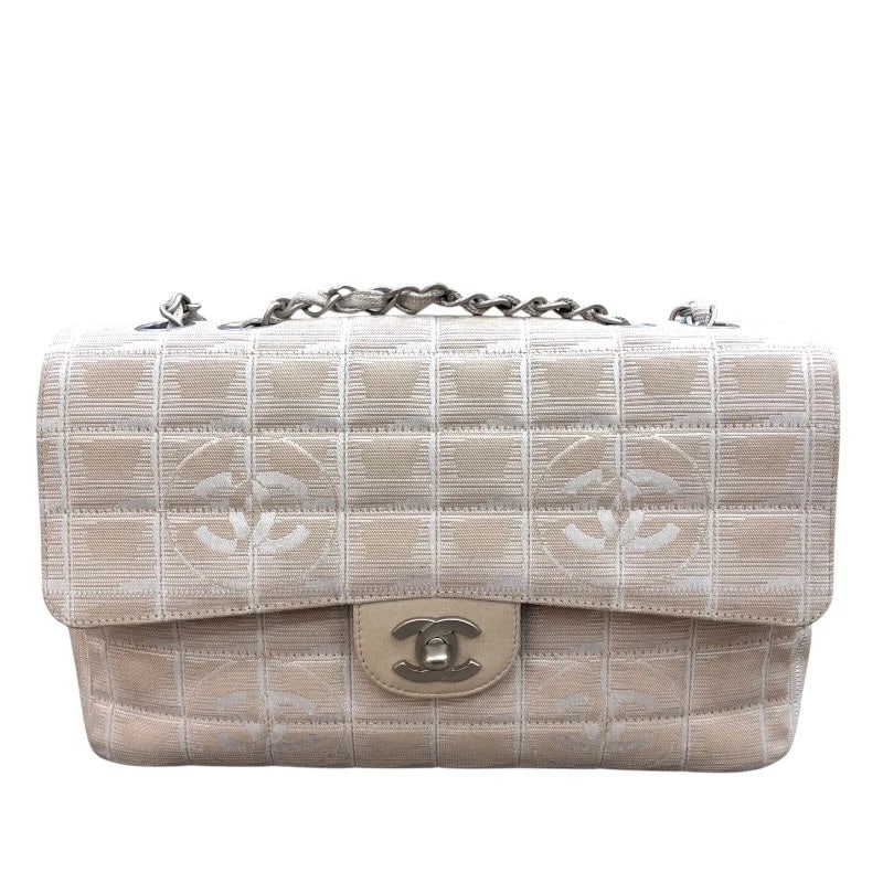 CHANEL NEW TRAVEL LINE CHAIN SHOULDER SHW NYLON JACQUARD HANDBAG: CHANEL New Travel Line Chain Shoulder SHW Nylon Jacquard Handbag Brand: CHANEL Type: Handbag Material: Nylon Jacquard Color: Beige SV Hardware Size: W: 25.5cm / H: 16cm / D: 6cm / Shoulder: