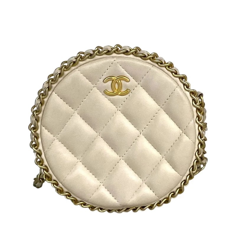 CHANEL MATELASSÉ ROUND PURSE BEIGE LAMBSKIN HANDBAG: CHANEL Matelassé Round Purse Beige Lambskin Handbag Brand: CHANEL Type: Handbag Material: Lambskin Color: beige Size: W: 11cm / H: 11cm / D: 5.5cm / Shoulder: 130cm Accessories: None