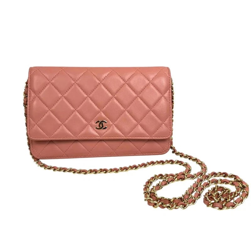 CHANEL MATELASSE CHAIN WALLE PINK GHW LAMBSKIN HANDBAG: CHANEL Matelasse Chain Walle Pink GHW Lambskin Handbag Brand: CHANEL Type: Handbag Material: Lambskin Color: Pink/GD Hardware Size: W: 19cm / H: 12cm / D: 3cm / Shoulder: 128cm Accessories: