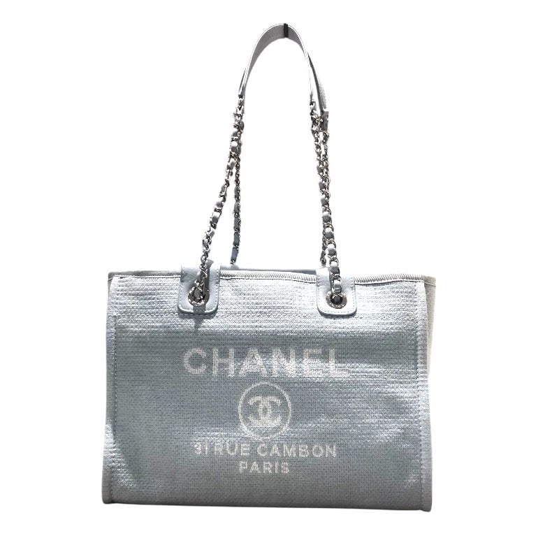 CHANEL DEAUVILLE SMALL SHOPPING BAG LIGHT BLUE/SHW FABRIC HANDBAG: CHANEL Deauville Small Shopping Bag Light Blue/SHW Fabric Handbag Brand: CHANEL Type: Handbag Material: Fabric Color: Light Blue // SV Hardware Size: W: 32cm / H: 24cm / D: 15cm Accessories: None