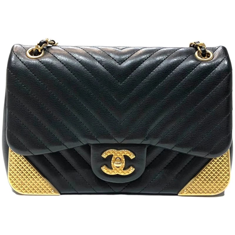 CHANEL CHEVRON V-STITCH CHAIN WALLET SERIES BLACK GHW LAMBSKIN HANDBAG (1 of 11)