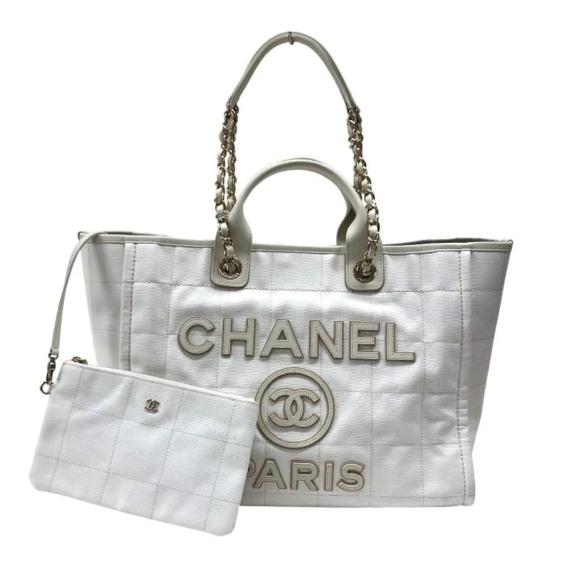 CHANEL DEAUVILLE GM WHITE GHW CANVAS TOTE HANDBAG (1 of 10)