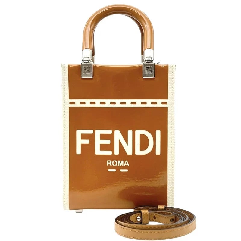 FENDI SUNSHINE SHOPPER MINI BROWN & IVORY PATENT/CANVAS HANDBAG: FENDI Sunshine Shopper Mini Brown & Ivory Patent/Canvas Handbag Brand: FENDI Type: Handbag Material: Patent/Canvas Color: Brown x Ivory Size: W: 13cm / H: 17cm / D: 7cm / Shoulder: 109-113cm Acce