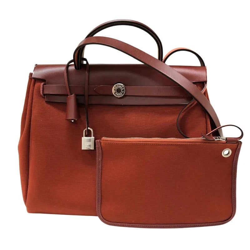 HERMES HERBAG ZIP PM B STAMP CUIVRE ROUGE H SHW TOILE HANDBAG (1 of 11)