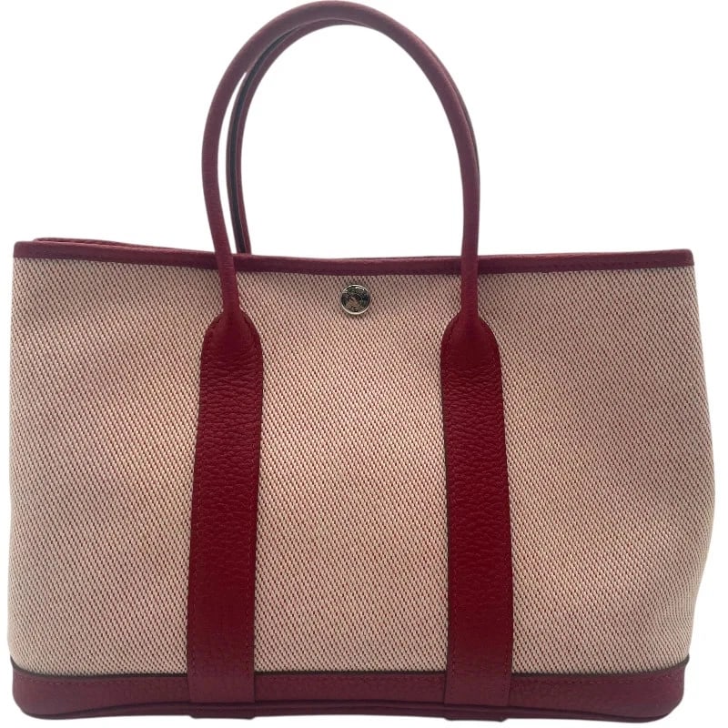 HERMES GARDEN PARTY TPM D STAMP ROUGE HANDBAG: HERMES Garden Party TPM D Stamp Rouge Handbag Brand: HERMES Type: Handbag Material: Twill Ash Negonda Color: Rouge Ash SV Hardware Size: W: 29cm / H: 21cm / D: 13cm Accessories: None Acces