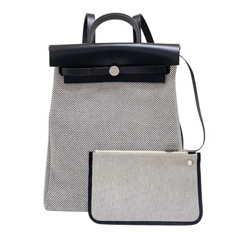 HERMES HERBAG ZIP ADO PM Z STAMP BLACK & WHITE SHW TOILE/HUNTER BACKPACK HANDBAG (1 of 10)
