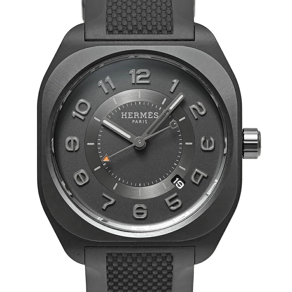 HERMES BLACK WATCH: HERMES Black Watch Brand: HERMES Type: N/A Material: Band Material Titanium, Case Material N/A Color: Band Color Black Size: Band Size none, Case Size 39mm x 39mm Accessories: None