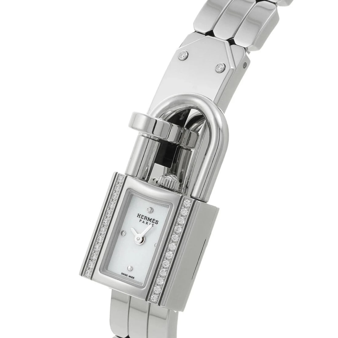HERMES KELLY WATCH DIAMOND WHITE WATCH: HERMES Kelly Watch Diamond White Watch Brand: HERMES Type: N/A Material: Band Material Stainless, Case Material Sapphire Crystal Color: Band Color White Size: Band Size none, Case Size