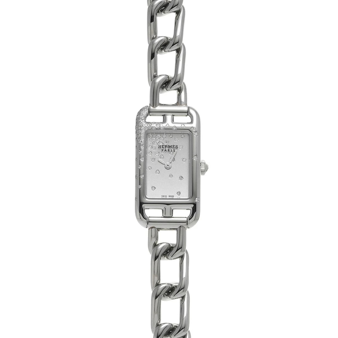 HERMES NANTUCKET SILVER WATCH: HERMES Nantucket Silver Watch Brand: HERMES Type: N/A Material: Band Material Stainless, Case Material Sapphire Crystal Color: Band Color Silver Size: Band Size none, Case Size 32×17mm 